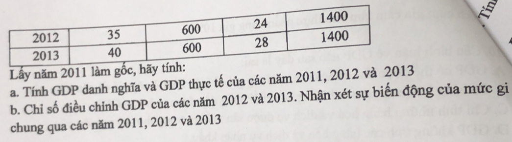 Lấy năm 2011 l 
a. Tính GDP danh nghĩa và GDP thực tế của các năm 2011, 2012 và 2
b. Chỉ số điều chỉnh GDP của các năm 2012 và 2013. Nhận xét sự biến động của mức gi 
chung qua các năm 2011, 2012 và 2013