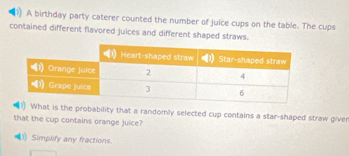 A birthday party caterer counted the number of juice cups on the table. The cups 
contained different flavored juices and different shaped straws. 
What is the probability that a randomly selected cup contains a star-shaped straw giver 
that the cup contains orange juice? 
) Simplify any fractions.