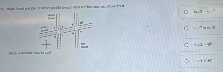 Maple Street and Elm Street are parallel to each other and both intersect Arbor Street.
m∠ 3=m∠ 7
m∠ 7=m∠ 6
m∠ 2=80°
Which statement must be true?
m∠ 1=80°