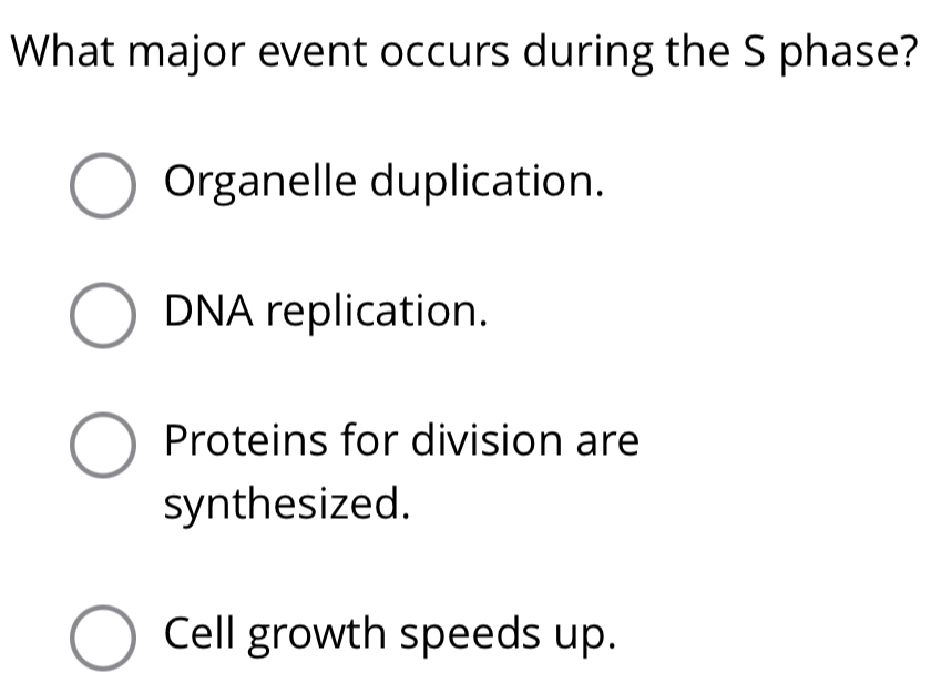 What major event occurs during the S phase?
Organelle duplication.
DNA replication.
Proteins for division are
synthesized.
Cell growth speeds up.