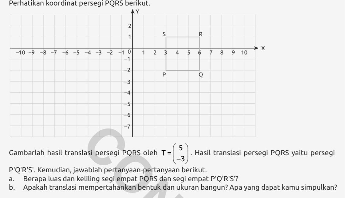 Gambarlah hasil translasi persegi PQRS oleh T=beginpmatrix 5 -3endpmatrix. Hasil translasi persegi PQRS yaitu persegi
P'Q'R'S'. Kemudian, jawablah pertanyaan-pertanyaan berikut. 
a. Berapa luas dan keliling segi empat PQRS dan segi empat P'Q'R'S' ? 
b. Apakah translasi mempertahankan bentuk dan ukuran bangun? Apa yang dapat kamu simpulkan?