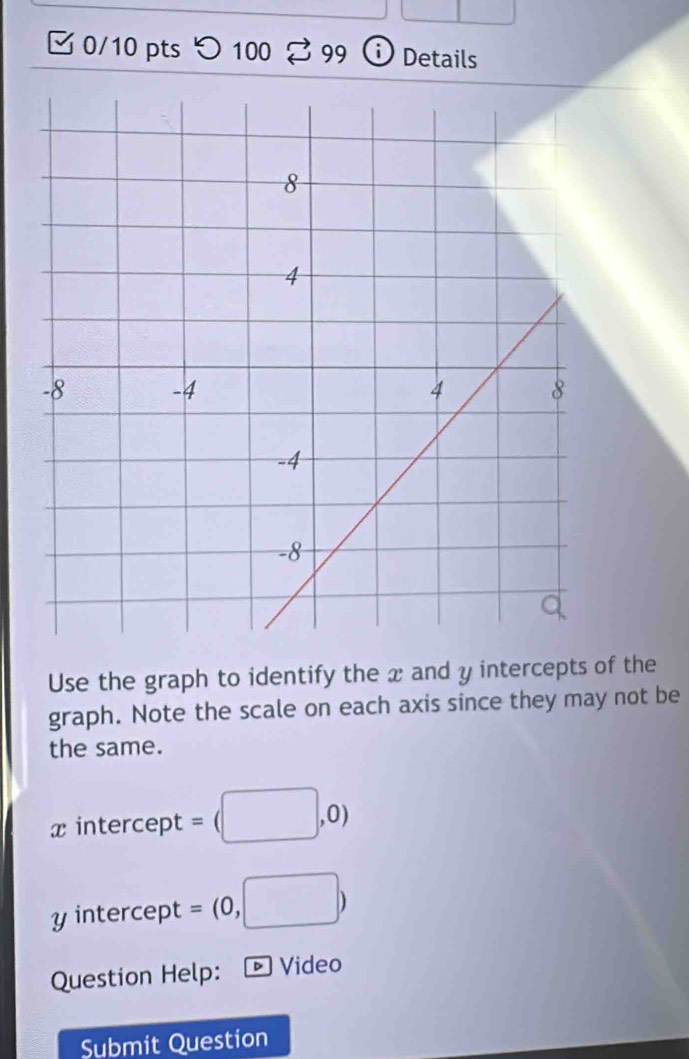 つ 100 3 99 i Details 
Use the graph to identify the x and y intercepts of the 
graph. Note the scale on each axis since they may not be 
the same.
x intercept = (□ ,0)
y intercept = (0,□ )
Question Help: Video 
Submit Question