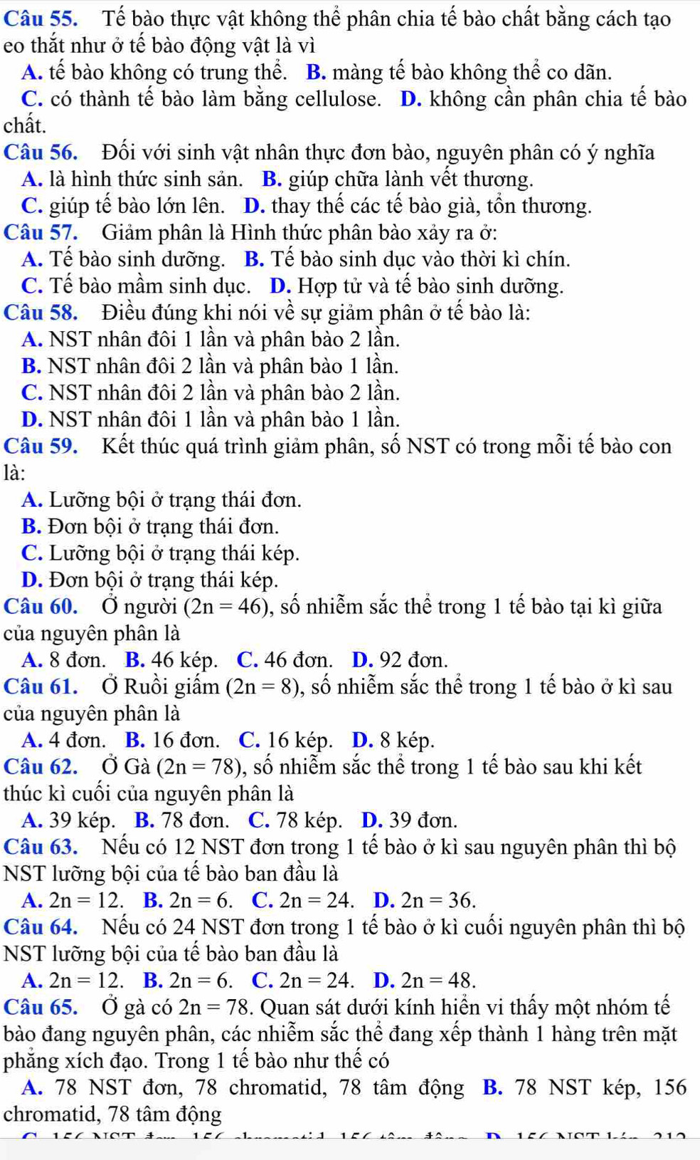 Tế bào thực vật không thể phân chia tế bào chất bằng cách tạo
eo thắt như ở tế bào động vật là vì
A. tế bào không có trung thể. B. màng tế bào không thể co dãn.
C. có thành tế bào làm bằng cellulose. D. không cần phân chia tế bào
chất.
Câu 56. Đối với sinh vật nhân thực đơn bào, nguyên phân có ý nghĩa
A. là hình thức sinh sản. B. giúp chữa lành vết thương.
C. giúp tế bào lớn lên. D. thay thế các tế bào già, tồn thương.
Câu 57. Giảm phân là Hình thức phân bào xảy ra ở:
A. Tế bào sinh dưỡng. B. Tế bào sinh dục vào thời kì chín.
C. Tế bào mầm sinh dục. D. Hợp tử và tế bào sinh dưỡng.
Câu 58. Điều đúng khi nói về sự giảm phân ở tế bào là:
A. NST nhân đôi 1 lần và phân bào 2 lần.
B. NST nhân đôi 2 lần và phân bào 1 lần.
C. NST nhân đôi 2 lần và phân bào 2 lần.
D. NST nhân đôi 1 lần và phân bào 1 lần.
Câu 59. Kết thúc quá trình giảm phân, số NST có trong mỗi tế bào con
là:
A. Lưỡng bội ở trạng thái đơn.
B. Đơn bội ở trạng thái đơn.
C. Lưỡng bội ở trạng thái kép.
D. Đơn bội ở trạng thái kép.
Câu 60. Ở người (2n=46) , số nhiễm sắc thể trong 1 tế bào tại kì giữa
của nguyên phân là
A. 8 đơn. B. 46 kép. C. 46 đơn. D. 92 đơn.
Câu 61. Ở Ruồi giấm (2n=8) , số nhiễm sắc thể trong 1 tế bào ở kì sau
của nguyên phân là
A. 4 đơn. B. 16 đơn. C. 16 kép. D. 8 kép.
Câu 62. Ở Gà (2n=78) 0, số nhiễm sắc thể trong 1 tế bào sau khi kết
thúc kì cuối của nguyên phân là
A. 39 kép. B. 78 đơn. C. 78 kép. D. 39 đơn.
Câu 63. Nếu có 12 NST đơn trong 1 tế bào ở kì sau nguyên phân thì bộ
NST lưỡng bội của tế bào ban đầu là
A. 2n=12 B. 2n=6. C. 2n=24. D. 2n=36.
Câu 64. Nếu có 24 NST đơn trong 1 tế bào ở kì cuối nguyên phân thì bộ
NST lưỡng bội của tế bào ban đầu là
A. 2n=12 B. 2n=6. C. 2n=24. D. 2n=48.
Câu 65. Ở gà có 2n=78. Quan sát dưới kính hiển vi thấy một nhóm tế
bào đang nguyên phân, các nhiễm sắc thể đang xếp thành 1 hàng trên mặt
phăng xích đạo. Trong 1 tế bào như thế có
A. 78 NST đơn, 78 chromatid, 78 tâm động B. 78 NST kép, 156
chromatid, 78 tâm động