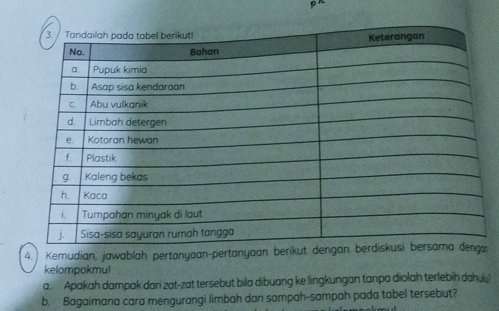 pn 
4.) Kemudian, jawablah pertanyaan-pertanyaan b 
kelompokmu! 
a. Apakah dampak dari zat-zat tersebut bila dibuang ke lingkungan tanpa diolah terlebih dahu 
b. Bagaimana cara mengurangi limbah dan sampah-sampah pada tabel tersebut?