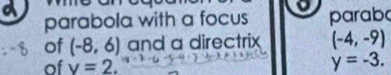 parabola with a focus o parabo 
of (-8,6) and a directrix (-4,-9)
of v=2.
y=-3.