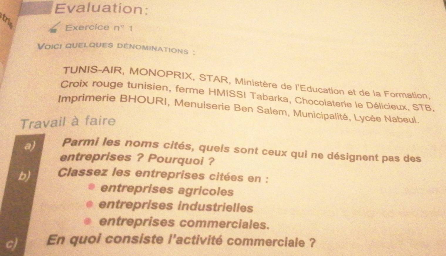 Evaluation:
trie
Exercice n° 1
Voici quelques dénominations :
TUNIS-AIR, MONOPRIX, STAR, Ministère de l'Education et de la Formation,
Croix rouge tunisien, ferme HMISSI Tabarka, Chocolaterie le Délicieux, STB,
Imprimerie BHOURI, Menuiserie Ben Salem, Municipalité, Lycée Nabeul.
Travail à faire
a)
Parmi les noms cités, quels sont ceux qui ne désignent pas des
entreprises ? Pourquoi ?
b)
Classez les entreprises citées en :
entreprises agricoles
entreprises industrielles
entreprises commerciales.
c) En quoi consiste l'activité commerciale ?