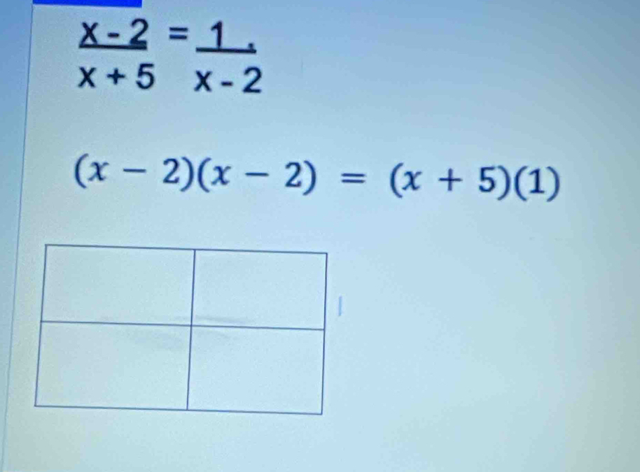  (x-2)/x+5 = 1/x-2 
(x-2)(x-2)=(x+5)(1)