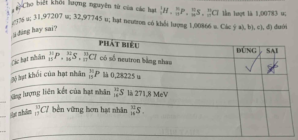 6: Cho biết khôi lượng nguyên tử của các hạt _1^1H,_(15)^(31)P,_(16)^(32)S,_(17)^(33)Cl lần lượt là 1,00783 u;
97376 u; 31,97207 u; 32,97745 u; hạt neutron có khối lượng 1,00866 u. Các ý a), b), c), d) dưới
g hay sai?