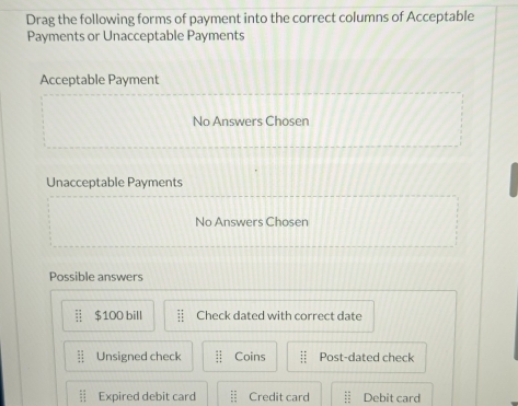 Solved: Drag the following forms of payment into the correct columns of ...