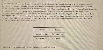 Quinn Napol is looking to purchase a vehicle and is deciding between two models, the Glacier and the Ravine. One of
Quinn's friends suggests that perhaps the mean annual maintenance costs are different for the two models, so Quinn
obtains random samples of the annual maintenance costs from 50 owners of each model of car. The sample statistics are in
the table shown below. Let un be the population mean annual maintenance cost for the Glarier, and let py be the
population mean annual maintenance cost for the Ravine. Guinn tests the alternative hypothesi H_a:mu _1-mu _2!= 0 and
assumes that the population standard deviations of the two models are not equal, if the p-value of the hypothesis test
i greater than 0.10 and the significance level is a=0.10
annual mantenance costs of the two models? , what conclusion could be made about the population mean
identify all of the appropriste conclusions to the hypothess test below