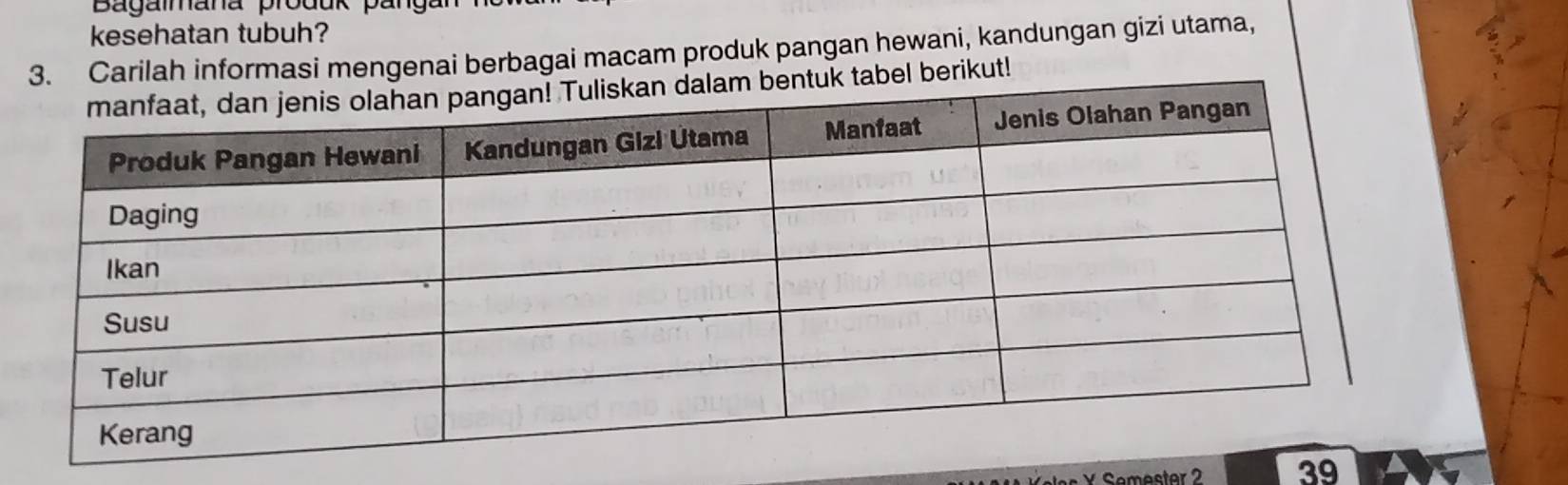 Bagalmana produk pangal 
kesehatan tubuh? 
3. Carilah informasi mengenai berbagai macam produk pangan hewani, kandungan gizi utama, 
bentuk tabel berikut! 
Y Semester 2 39