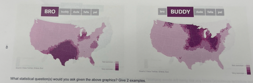 BRO buddy dude fella pai bro BUDDY dude fella pal 

Quartz | Data: Twitter, Grieve, Guo Very common 
What statistical question(s) would you ask given the above graphics? Give 2 examples.