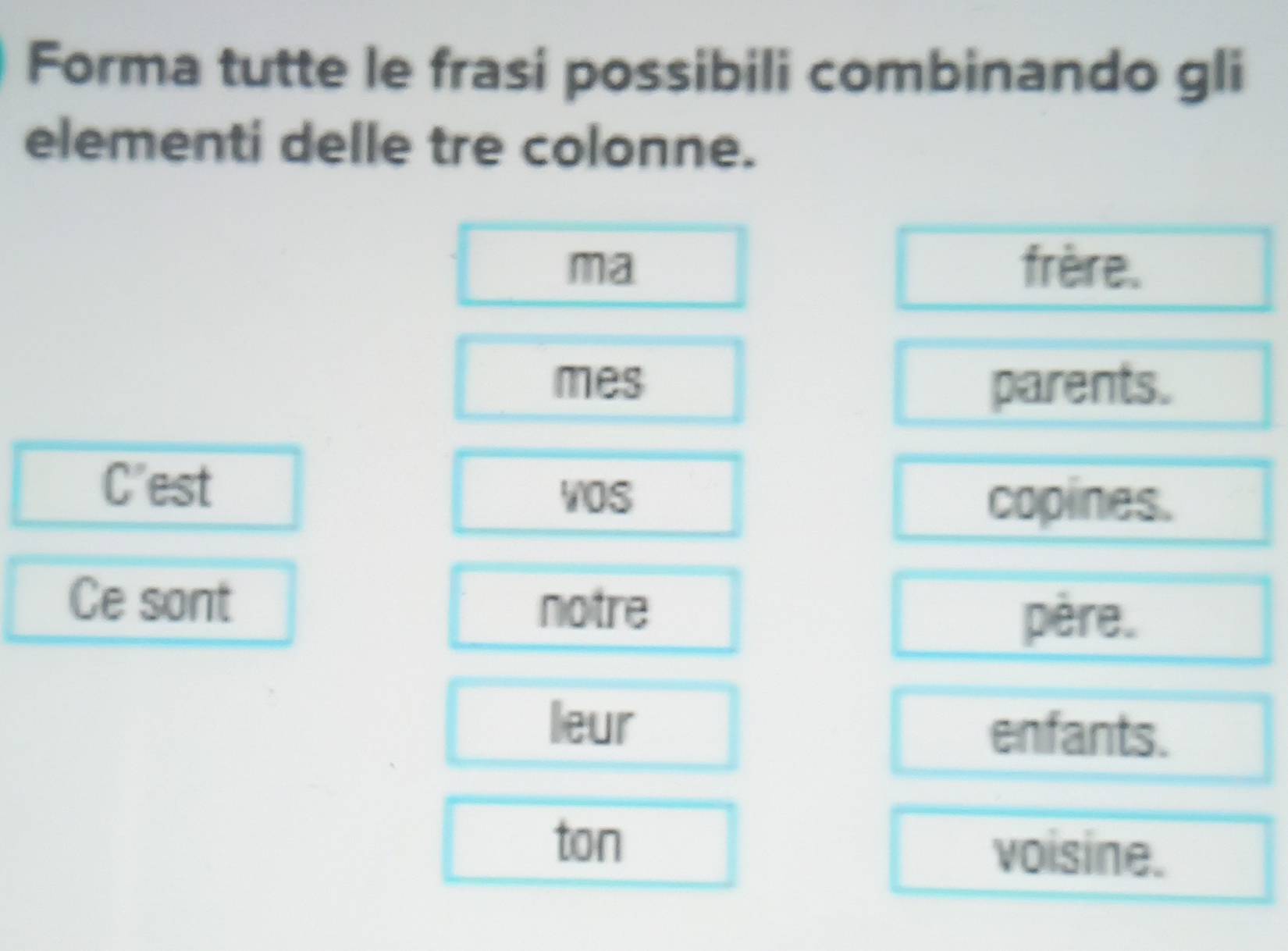 Forma tutte le frasi possibili combinando gli 
elementi delle tre colonne. 
ma frère. 
mes parents. 
C'est 
VOS copines. 
Ce sont 
notre 
père. 
leur enfants. 
ton 
voisine.