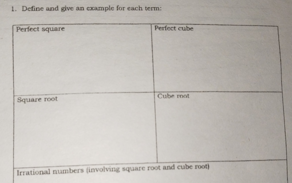 Define and give an example for each term: