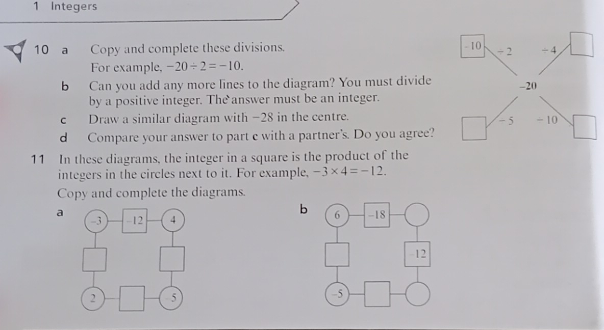 Integers 
10 ₹a Copy and complete these divisions. - 10 ÷ 2 ÷ 4
For example, -20/ 2=-10. 
b Can you add any more lines to the diagram? You must divide -20
by a positive integer. The answer must be an integer. 
c Draw a similar diagram with −28 in the centre.
- 5 ÷ 10
d Compare your answer to part c with a partner's. Do you agree? 
11 In these diagrams, the integer in a square is the product of the 
integers in the circles next to it. For example, -3* 4=-12. 
Copy and complete the diagrams. 
b 
a