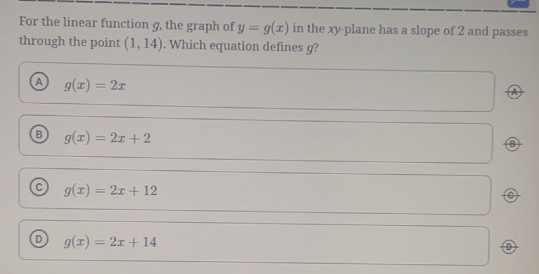 Solved: For the linear function g, the graph of y=g(x) in the xy -plane ...