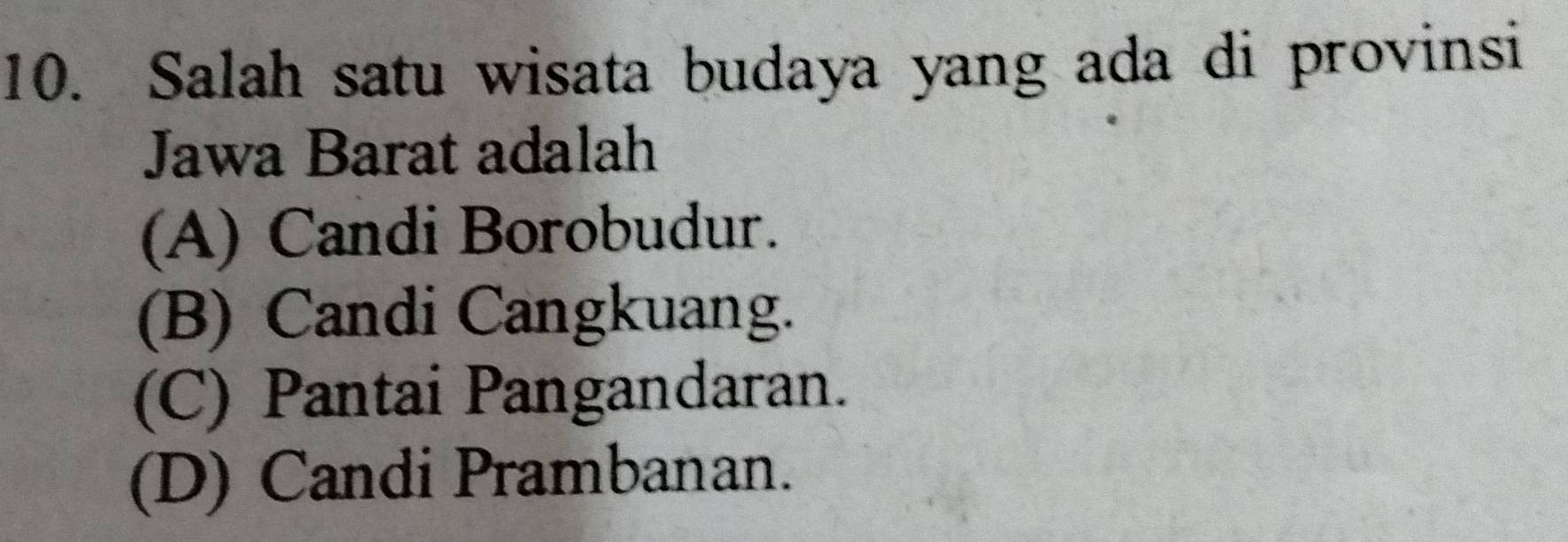 Salah satu wisata budaya yang ada di provinsi
Jawa Barat adalah
(A) Candi Borobudur.
(B) Candi Cangkuang.
(C) Pantai Pangandaran.
(D) Candi Prambanan.