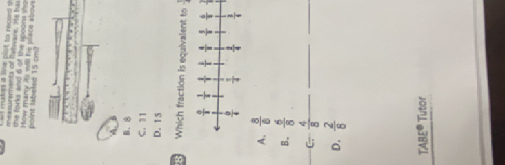 Carl makes a line plot to record sh
measurements of fatware. He has
the forks and 6 of the spoons sho
How many Xs will he place above
point labeled 15 cm?

B. 8
C. 11
D. 15
8 Which fraction is equivalent to - 1/4 
 1/2 
A.  8/8 
B.  6/8 
C.  4/8  _
_
D.  2/8 
I ABE° Tutor