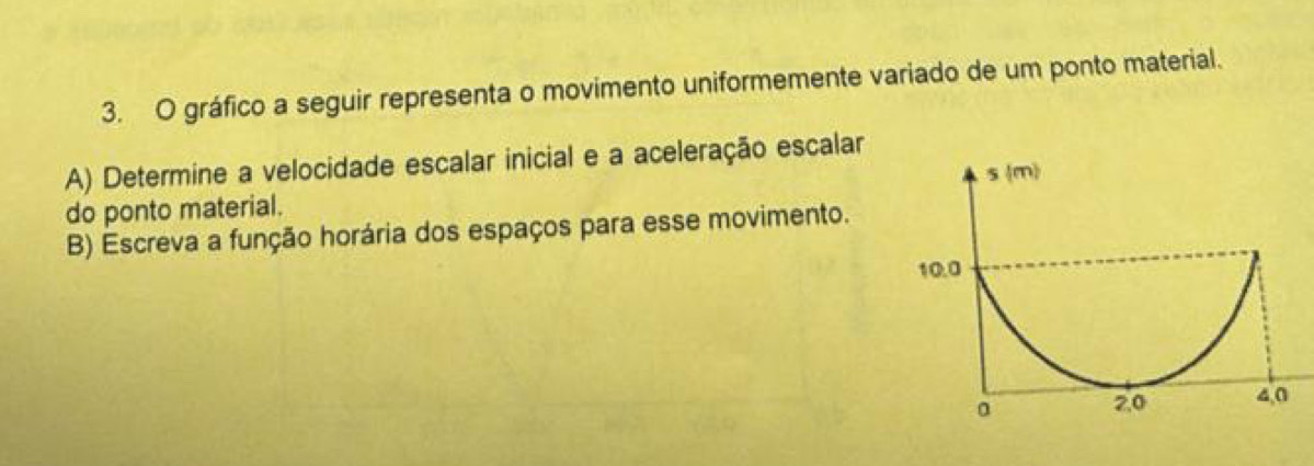 gráfico a seguir representa o movimento uniformemente variado de um ponto material. 
A) Determine a velocidade escalar inicial e a aceleração escalar 
do ponto material. 
B) Escreva a função horária dos espaços para esse movimento.