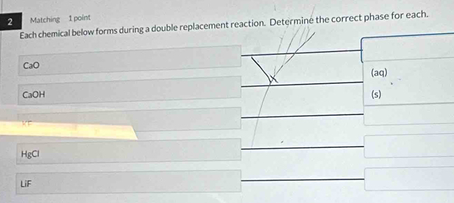 Matching 1 point 
Each chemical below forms during a double replacement reaction. Determine the correct phase for each.
CaO
(aq)
CaOH (s)
HgCl
LiF