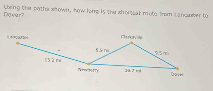 Using the paths shown, how long is the shortest route from Lancaster to 
Dover? 
Lancaster Clarksville