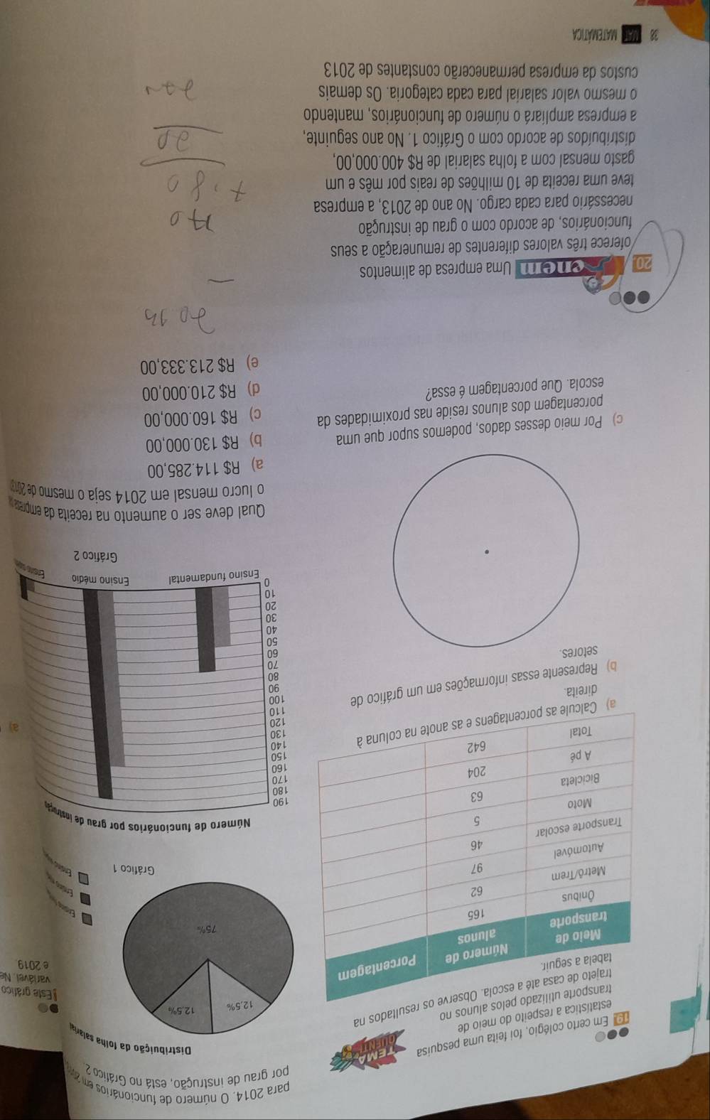 para 2014. O número de funcionários em 
por grau de instrução, está no Gráfico 2
Em Em certo colégio, foi feita uma pesquisa
Distribuição da folha salaria
a a respeito do meio de
12.5% 12.5%
nos no
ultados na
Este gráfico
variável. Ne
e 2019
75%
Ensicy 
Ensino 
Gráfico 1 Ennía
b) Represente essas informações em um gráfico de
a)
direita.
s
n
Qual deve ser o aumento na receita da empres
o lucão mensal em 2014 seja o mesmo de 2010
a) R$ 114.285,00
c) Por meio desses dados, podemos supor que uma b) R$ 130.000,00
porcentagem dos alunos reside nas proximidades da c) R$ 160.000,00
escola. Que porcentagem é essa? d) R$ 210.000,00
e) R$ 213.333,00
20 enem. Uma empresa de alímentos
oferece três valores diferentes de remuneração a seus
funcionários, de acordo com o grau de instrução
necessário para cada cargo. No ano de 2013, a empresa
teve uma receita de 10 milhões de reais por mês e um
gasto mensal com a folha salarial de R$ 400.000,00,
distribuídos de acordo com o Gráfico 1. No ano seguinte,
a empresa ampliará o número de funcionários, mantendo
o mesmo valor salarial para cada categoria. Os demais
custos da empresa permanecerão constantes de 2013
38 MATEMÁtiCa