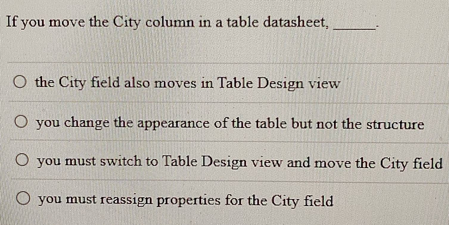 Solved: If you move the City column in a table datasheet,_ ∴ the City ...