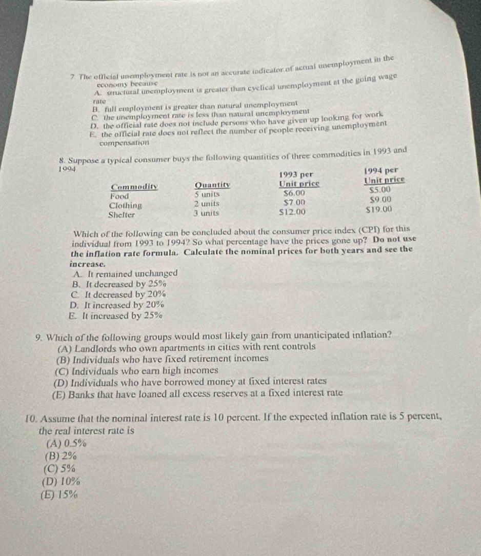The official unemployment rate is not an accurate indicator of actual unemployment in the
economy because
A. structural unemployment is greater than cyclical unemployment at the going wage
rate
B. full employment is greater than natural unemployment
C. the unemployment rate is less than natural unemployment
D. the official rate does not include persons who have given up looking for work
E. the official rate does not reflect the number of people receiving unemployment
compensation
8. Suppose a typical consumer buys the following quantities of three commodities in 1993 and
1994 1994 per
1993 per
Commodity Quantity Unit price Unit price
Food S units $6.00 $5.00
Clothing 2 units $7 00 $9.00
Shelter 3 units S12.00 $19.00
Which of the following can be concluded about the consumer price index (CPI) for this
individual from 1993 to 1994? So what percentage have the prices gone up? Do not use
the inflation rate formula. Calculate the nominal prices for both years and see the
increase.
A. It remained unchanged
B. It decreased by 25%
C. It decreased by 20%
D. It increased by 20%
E. It increased by 25%
9. Which of the following groups would most likely gain from unanticipated inflation?
(A) Landlords who own apartments in cities with rent controls
(B) Individuals who have fixed retirement incomes
(C) Individuals who earn high incomes
(D) Individuals who have borrowed money at fixed interest rates
(E) Banks that have loaned all excess reserves at a fixed interest rate
10. Assume that the nominal interest rate is 10 percent. If the expected inflation rate is 5 percent,
the real interest rate is
(A) 0.5%
(B) 2%
(C) 5%
(D) 10%
(E) 15%