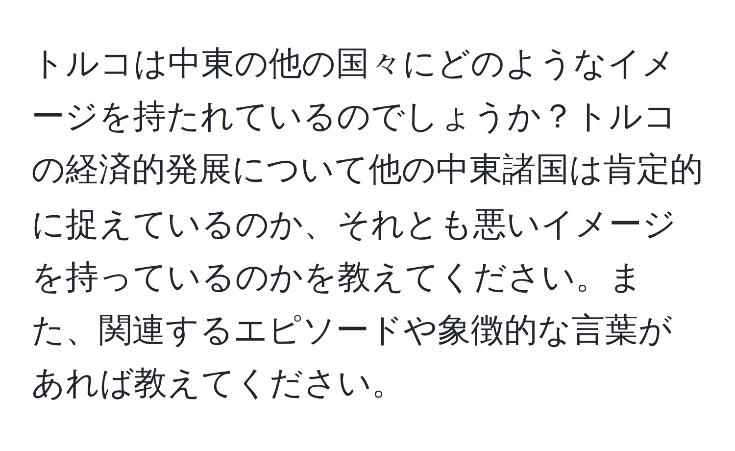 トルコは中東の他の国々にどのようなイメージを持たれているのでしょうか？トルコの経済的発展について他の中東諸国は肯定的に捉えているのか、それとも悪いイメージを持っているのかを教えてください。また、関連するエピソードや象徴的な言葉があれば教えてください。