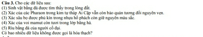 Cho các dữ liệu sau: 
(1) Sinh vật bằng đá được tìm thấy trong lòng đất. 
(2) Xác của các Pharaon trong kim tự tháp Ai Cập vẫn còn bảo quản tương đối nguyên vẹn. 
(3) Xác sâu bọ được phủ kín trong nhựa hồ phách còn giữ nguyên màu sắc. 
(4) Xác của voi mamut còn tươi trong lớp băng hà. 
(5) Rìu bằng đá của người cổ đại. 
Có bao nhiêu dữ liệu không được gọi là hóa thạch?