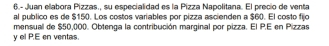 6.- Juan elabora Pizzas., su especialidad es la Pizza Napolitana. El precio de venta 
al publico es de $150. Los costos variables por pizza ascienden a $60. El costo fijo 
mensuall de $50,000. Obtenga la contribución marginal por pizza. El P.E en Pizzas 
y el P.E en ventas.