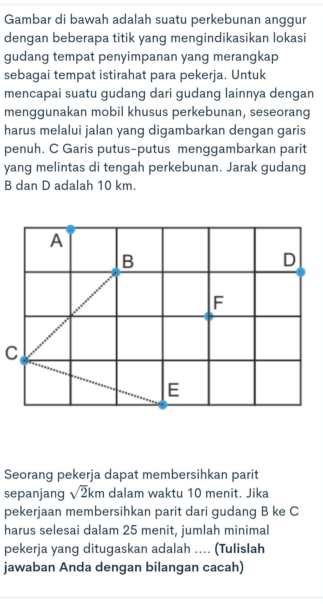 Gambar di bawah adalah suatu perkebunan anggur
dengan beberapa titik yang mengindikasikan lokasi
gudang tempat penyimpanan yang merangkap
sebagai tempat istirahat para pekerja. Untuk
mencapai suatu gudang dari gudang lainnya dengan
menggunakan mobil khusus perkebunan, seseorang
harus melalui jalan yang digambarkan dengan garis
penuh. C Garis putus-putus menggambarkan parit
yang melintas di tengah perkebunan. Jarak gudang
B dan D adalah 10 km.
A
B
D
F
C
E
Seorang pekerja dapat membersihkan parit
sepanjang sqrt(2)km dalam waktu 10 menit. Jika
pekerjaan membersihkan parit dari gudang B ke C
harus selesai dalam 25 menit, jumlah minimal
pekerja yang ditugaskan adalah .... (Tulislah
jawaban Anda dengan bilangan cacah)