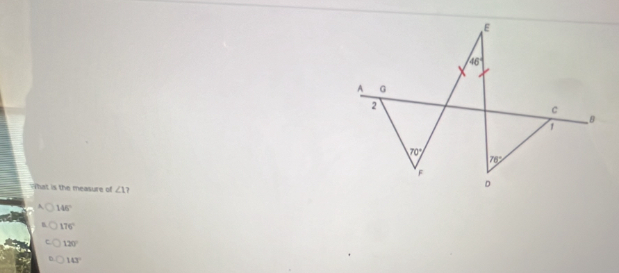 What is the measure of ∠ 1 ?
146°
176°
120°
143°