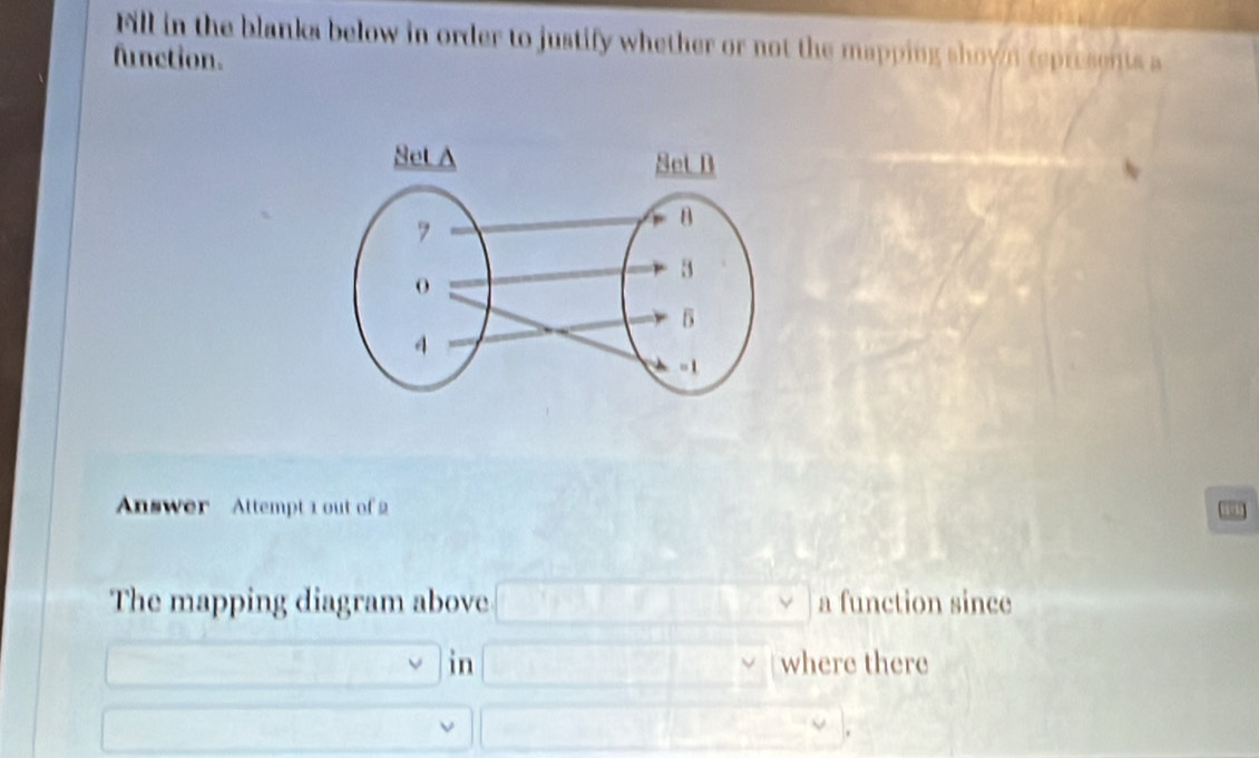 Fill in the blanks below in order to justify whether or not the mapping shown (epresents a 
function. 
nswer Attempt 1 out of 2 
The mapping diagram above overline [ a function since^ in U(1,2,4) where there 
□  
□ 
x=□