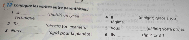 Conjugue les verbes entre parenthèses. 
1 Je_ (choisir) un lycée 4 1 _ (maigrir) grâce à son 
technique. 
régime. 
2 Tu_ (réussir) ton examen. 5 Vous (définir) votre projet. 
3 Nous_ (agir) pour la planète ! 6 Ils __(finir) tard ?