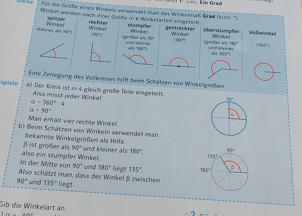 henst 1º. Lies: Ein Grad.
Merke Für die Größe eines Winkels verwendet man das Winkelmaß Grad (kurz: °).
Winkel werden nach ihrer Größe in 6 Winkelarten eingeteilt.
spitzer
Winkel rechter
stumpfer gestreckter
(kleiner als 90°) Winkel überstumpfer Vollwinkel
Winkel Winkel Winkel
(90°) (größer als 90° (180°) (größer als 180° (360°)
und kleiner und kleiner
als 180°) als 360°)
_
Eine Zerlegung des Vollkreises hilft beim Schätzen von Winkelgrößen.
ispiele a) Der Kreis ist in 4 gleich große Teile eingeteilt.
Also misst jeder Winkel
alpha =360°:4
90°
alpha =90°
α
Man erhält vier rechte Winkel.
b) Beim Schätzen von Winkeln verwendet man
bekannte Winkelgrößen als Hilfe.
β ist größer als 90° und kleiner als 180°,
also ein stumpfer Winkel. 
In der Mitte von 90° und 180° liegt 135°.
Also schätzt man, dass der Winkel β zwischen
90° und 135° liegt.
Gib die Winkelart an.
alpha = 40°