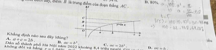 D. 80%.
đười uy, điểm B là trung điệm của đoạn
Khẳng định nào sau đây lđúng?
A. a+c=2b. B. ac=b^2.
Dân số thành phố Hà Nội năm 2022 khoảng 8,4 triệu C. ac=2b^2. D. ac=b.
không đổi và bằng t'=1.04t