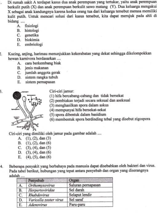 Di rumah sakit A terdapat kasus dua anak perempuan yang tertukar, yaitu anak perempuan
berkulit putih (X) dan anak perempuan berkulit sawo matang (Y). Dua keluarga mengakui
X sebagai anak kandungnya karena kedua orang tua dari keluarga tersebut merasa memiliki
kulit putih. Untuk mencari solusi dari kasus tersebut, kita dapat merujuk pada ahli di
bidang ....
A. fisiologi
B. histologi
C. genetika
D. biokimia
E. embriologi
2. Kucing, anjing, harimau menunjukkan kekerabatan yang dekat sehingga dikelompokkan
hewan karnivora berdasarkan ....
A. cara berkembang biak
B. jenis makanan
C. jumlah anggota gerak
D. sistem rangka tubuh
E. sistem pernapasan
3.Ciri-ciri jamur:
(1) hifa bercabang-cabang dan tidak bersekat
(2) pembiakan terjadi secara seksual dan aseksual
(3) menghasilkan spora dalam askus
(4) mempunyai hifa bersekat-sekat
(5) spora dibentuk dalam basidium
(6) membentuk spora berdinding tebal yang disebut zigospora
Ciri-ciri yang dimiliki oleh jamur pada gambar adalah ....
A. (1), (2), dan (3)
B. (1), (2), dan (6)
C. (3), (4), dan (5)
D. (3), (4), dan (6)
E. (4), (5), dan (6)
4. Beberapa penyakit yang berbahaya pada manusia dapat disebabkan oleh bakteri dan virus.
Pada tabel berikut, hubungan yang tepat antara penyebab dan organ yang diserangnya