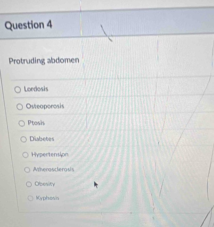 Protruding abdomen
Lordosis
Osteoporosis
Ptosis
Diabetes
Hypertension
Atherosclerosis
Obesity
Kyphosis