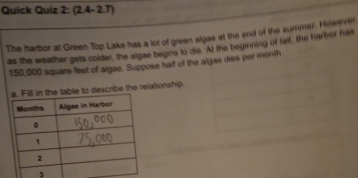 Quick Quiz 2: (2.4- 2.7) 
The harbor at Green Top Lake has a lot of green algae at the end of the summer. However 
as the weather gets colder, the algae begins to die. At the beginning of fall, the harber has
150,000 square feet of algae. Suppose half of the algae dies per month
ble to describe the relationship. 
3