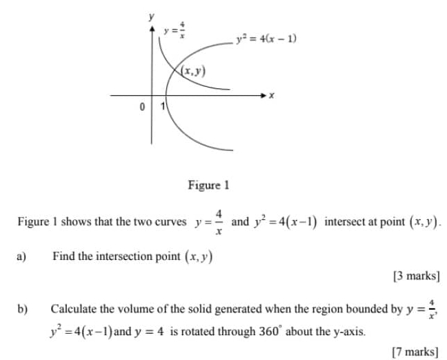 Figure 1
Figure 1 shows that the two curves y= 4/x  and y^2=4(x-1) intersect at point (x,y).
a) Find the intersection point (x,y)
[3 marks]
b) Calculate the volume of the solid generated when the region bounded by y= 4/x ,
y^2=4(x-1) and y=4 is rotated through 360° about the y-axis.
[7 marks]