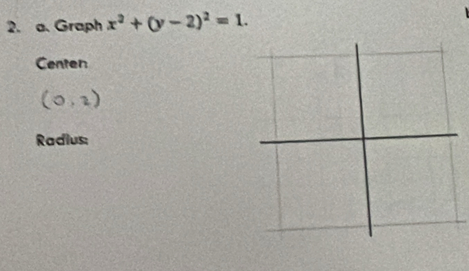 Graph x^2+(y-2)^2=1. 
Centen
(0,2)
Radius: