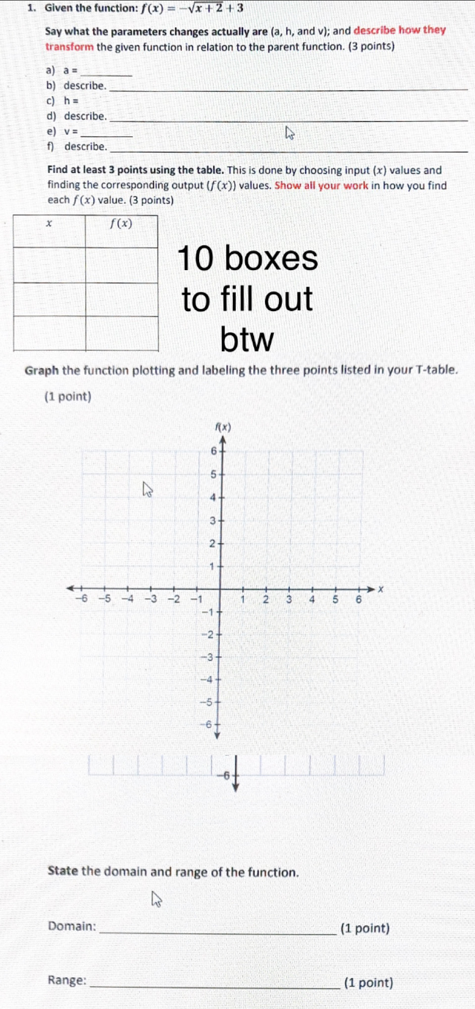 Given the function: f(x)=-sqrt(x+2)+3
Say what the parameters changes actually are (a,h , and v); and describe how they
transform the given function in relation to the parent function. (3 points)
a) a= _
b) describe._
c) h=
d) describe._
e) v= _
f) describe._
Find at least 3 points using the table. This is done by choosing input (x) values and
finding the corresponding output (f(x)) values. Show all your work in how you find
each f(x) value. (3 points)
10 boxes
to fill out
btw
Graph the function plotting and labeling the three points listed in your T-table.
(1 point)
State the domain and range of the function.
Domain: _(1 point)
Range: _(1 point)