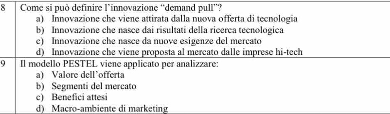 Come si può definire l’innovazione “demand pull”?
a) Innovazione che viene attirata dalla nuova offerta di tecnologia
b) Innovazione che nasce dai risultati della ricerca tecnologica
c) Innovazione che nasce da nuove esigenze del mercato
d) Innovazione che viene proposta al mercato dalle imprese hi-tech
9 Il modello PESTEL viene applicato per analizzare:
a) Valore dell’offerta
b) Segmenti del mercato
c) Benefici attesi
d) Macro-ambiente di marketing