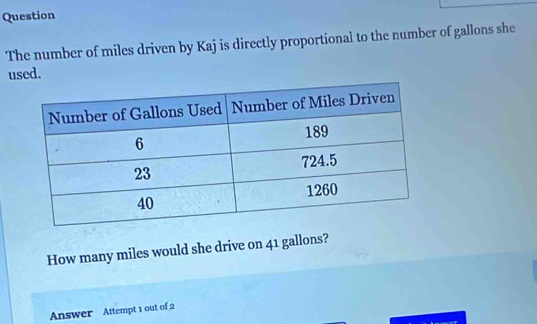 Question 
The number of miles driven by Kaj is directly proportional to the number of gallons she 
used. 
How many miles would she drive on 41 gallons? 
Answer Attempt 1 out of 2