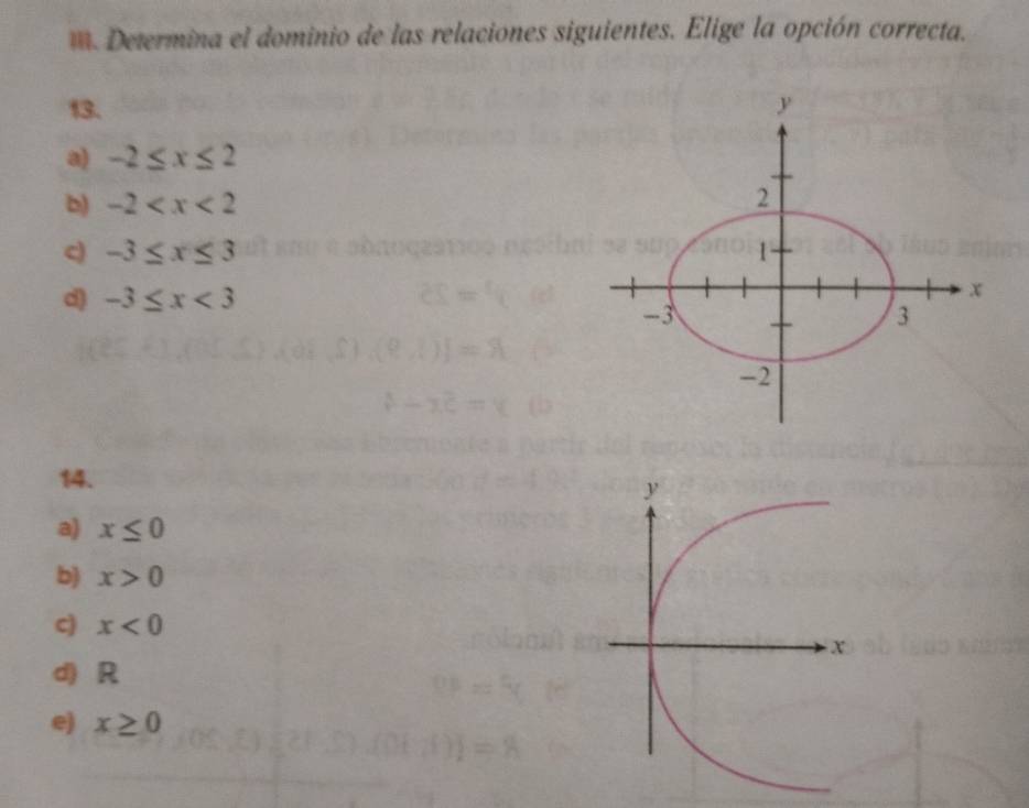 Determina el dominio de las relaciones siguientes. Elige la opción correcta.
13.
a) -2≤ x≤ 2
b) -2
c) -3≤ x≤ 3
c -3≤ x<3</tex> 
14.
a) x≤ 0
b) x>0
c) x<0</tex>
d) R
e) x≥ 0