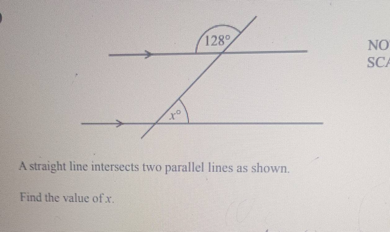 NO
SC/
A straight line intersects two parallel lines as shown.
Find the value of x.