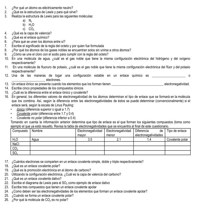 Por qué un átomo es eléctricamente neutro?
2. ¿Qué es la estructura de Lewis y para qué sirve?
3. Realiza la estructura de Lewis para las siguientes moléculas:
a) N_2
b) H_2O
c) CO_2
4. ¿Qué es la capa de valencia?
5. ¿Qué es el enlace químico?
6.  ¿Para qué se unen los átomos entre sí?
7. Escribe el significado de la regla del octeto y por quien fue formulada
8. ¿Por qué los átomos de los gases nobles se encuentran solos sin unirse a otros átomos?
9. ¿Cómo se une el cloro con el sodio para cumplir con la regla del octeto?
10. En una molécula de agua, ¿cuál es el gas noble que tiene la misma configuración electrónica del hidrógeno y del oxígeno
respectivamente?
11. En una molécula de fluoruro de potasio, ¿cuál es el gas noble que tiene la misma configuración electrónica del flúor y del potasio
respectivamente?
12. Una de las maneras de logar una configuración estable en un enlace químico es _0
_electrones .
13. Un enlace iónico se presenta cuando los elementos que los forman tienen_ elec trone g atividad .
14. Escribe cinco propiedades de los compuestos iónicos
15. ¿Cuál es la diferencia entre el enlace iónico y covalente?
16. En general, los diferentes valores de electronegatividad de los átomos determinan el tipo de enlace que se formará en la molécula
que los combina. Así, según la diferencia entre las electronegatividades de éstos se puede determinar (convencionalmente) si el
enlace será, según la escala de Linus Pauling:
Iónico (diferencia superior o igual a 1.7)
Covalente polar (diferencia entre 1.7 y 0.4)
Covalente no polar (diferencia inferior a 0.4)
Tomando en cuenta la información anterior determina que tipo de enlace es el que forman los siguientes compuestos (toma como
ejemplo el que ya está resuelto. Revisa la tabla de electronegatividades que se encuentra al final de este cuestionario.
17. ¿Cuántos electrones se comparten en un enlace covalente simple, doble y triple respectivamente?
18. Qué es un enlace covalente polar?
19. ¿Qué es la promoción electrónica en el átomo de carbono?
20. Utilizando la configuración electrónica, ¿Cuál es la capa de valencia del carbono?
21. ¿Qué es un enlace covalente dativo?
22. Escribe el diagrama de Lewis para el SO_2 como ejemplo de enlace dativo
23. Escribe tres compuestos que tienen un enlace covalente apolar
24. ¿Como deben ser las electronegatividades de los elementos que forman un enlace covalente apolar?
25. Cuándo se forma un enlace covalente polar?
26. ¿Por qué la molécula de CO_2 es no polar?