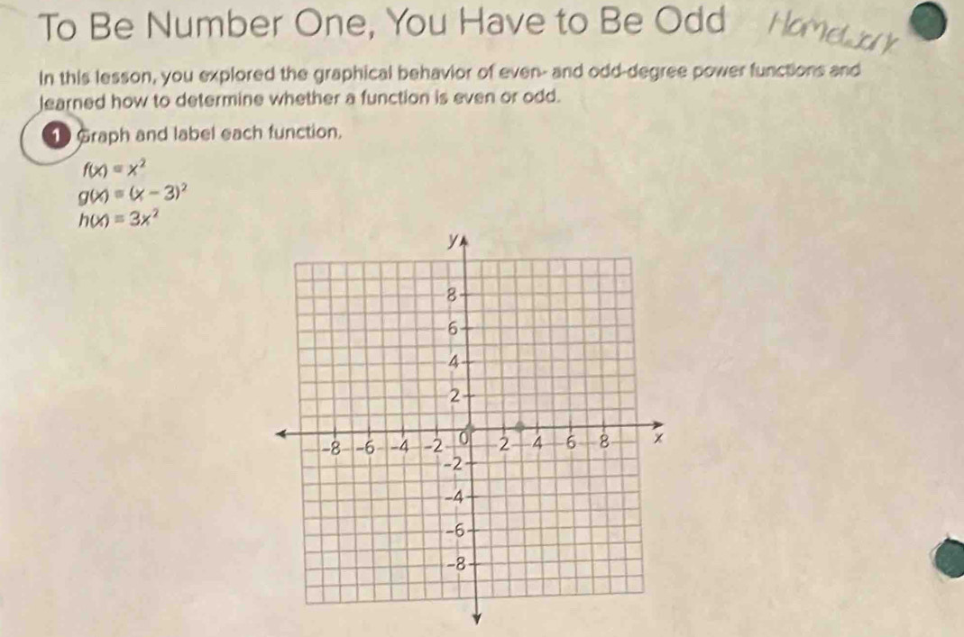 To Be Number One, You Have to Be Odd
In this lesson, you explored the graphical behavior of even- and odd-degree power functions and
Jearned how to determine whether a function is even or odd.
1 Graph and label each function.
f(x)=x^2
g(x)=(x-3)^2
h(x)=3x^2