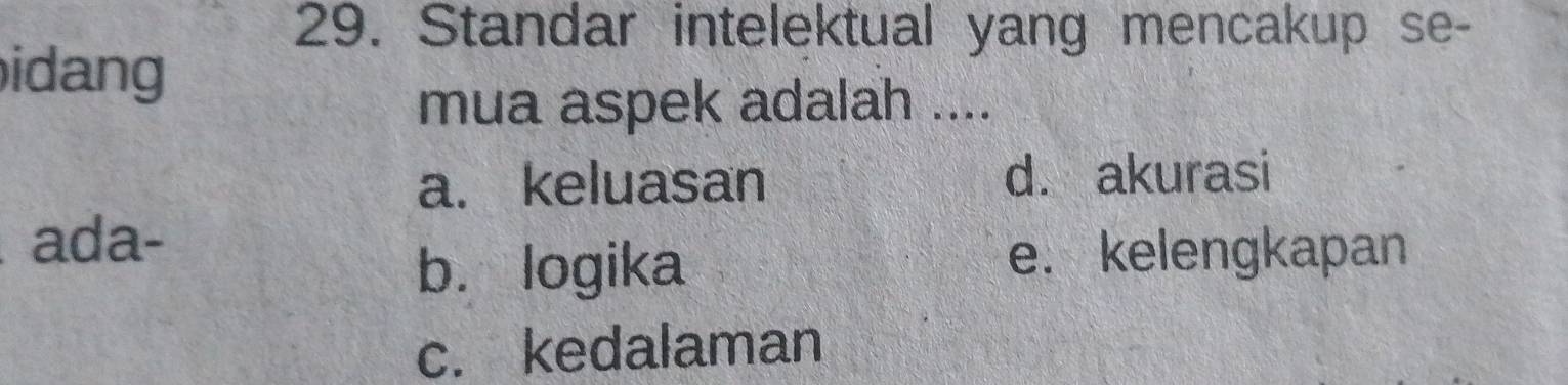 Standar intelektual yang mencakup se-
idang 
mua aspek adalah ....
a. keluasan d. akurasi
ada-
b. logika e. kelengkapan
c. kedalaman